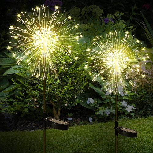 Kal-Lampe Solaire Exterieur Jardin: 2 Pièces 120 Led Feu D'artifice Fil De Cuivre, Eclairage Imperméables De Starburst Décoration Étanche Pour Pelouse Mariage Allée Fête Noël (8 Modes)