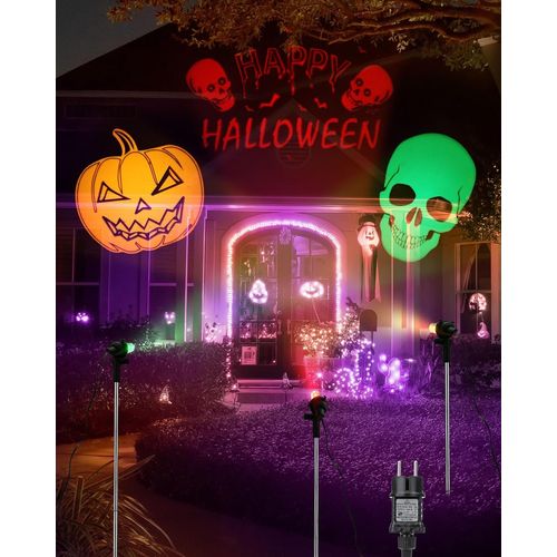 Kal-Lampe Projecteur Led Halloween Avec Motif De Citrouille Orange, Crâne Vert Et Happy Holloween Rouge, Etanche Lampe Projection Éclairage Décoration Halloween Extérieur Jardin Paysage Terrasse