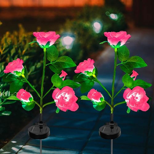 Kal-Lumières Solaires Extérieures Fleur, Lampes De Fleurs De Roses Solaires Extérieures, Lampes Solaires De Jardin Décoration Avec 10 Fleurs Roses Pour Extérieur Jardin Pelouse Noël(Rose,2 Pack)