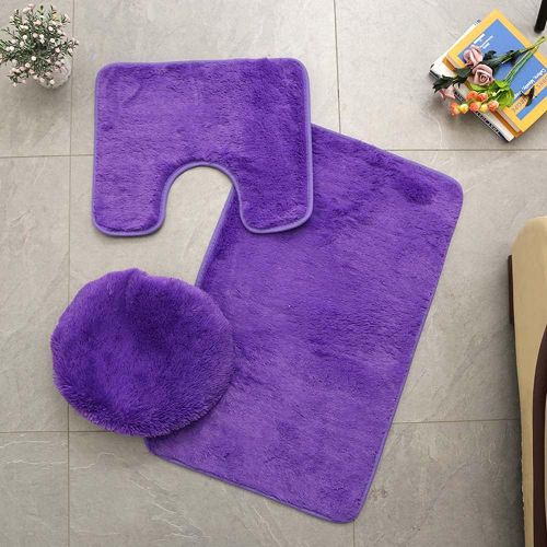 KAL-Tapis De Salle De Bains Couleur Pure 3Pcs Bath Mat Absorbant Doux Antidérapant Tapis & Couvercle Toilette Couvercle Set Lavable (Violet)