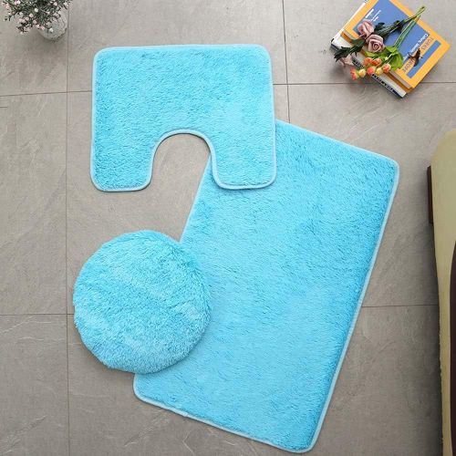 KAL-Tapis De Salle De Bains Couleur Pure 3Pcs Bath Mat Absorbant Doux Antidérapant Tapis & Couvercle Toilette Couvercle Set Lavable (Bleu Clair)