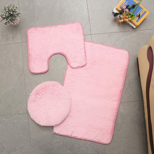 KAL-Tapis De Salle De Bains Couleur Pure 3Pcs Bath Mat Absorbant Doux Antidérapant Tapis & Couvercle Toilette Couvercle Set Lavable (Pink)