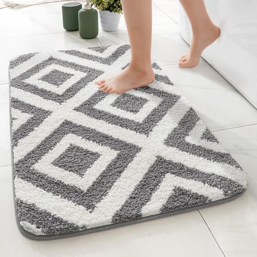 KAL-Tapis De Bain Antidérapant Tapis De Salle De Bain À Motif De La Grille Géométriques Doux Et Absorbant Lavable En Machine Adapté Au Bain, À La Douche Et Aux Toilettes 40X60Cm Gris