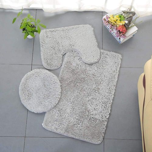 KAL-Tapis De Salle De Bains Couleur Pure 3Pcs Bath Mat Antidérapant Doux Et Absorbant Tapis & Couvercle Toilette Couvercle Set Lavable, Gris