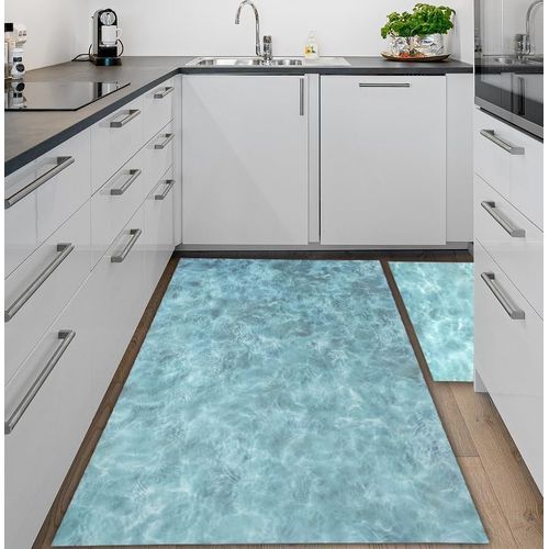 Kal-Tapis En Vinyle Pvc Au Design Numérique Bord De Mer Pour Salon, Cuisine, Salon, Entrée, Salle De Bain Ou Chambre Avec Envers Pvc Antidérapant Et Facile À Laver, Couleurs Bleu Turquoise