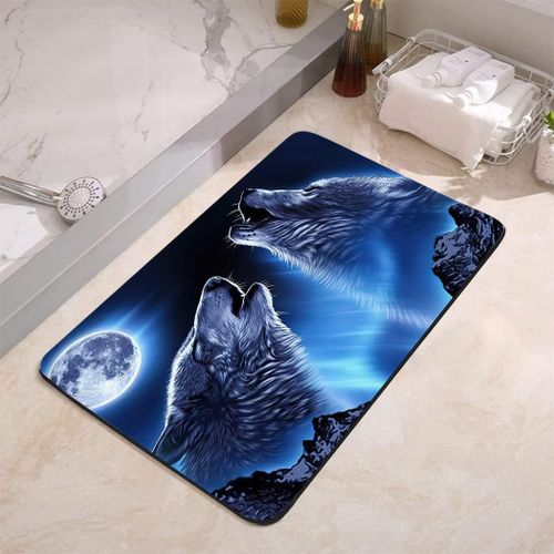 KAL-Tapis De Salle De Bain Antidérapant Super Absorbant Avec Revers En Caoutchouc, S'Adapte Sous La Salle De Bain, Tapis De Sol Pour Buthbaignoire, 43,2 X 61 Cm, Lune Loup Montagne