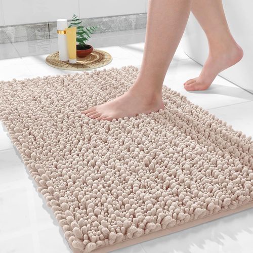 KAL-Tapis De Bain En Chenille Antidérapant - Doux - Lavable En Machine - En Microfibre - Absorbant - Pour Douche Et Salle De Bain - 43 X 61 Cm - Beige
