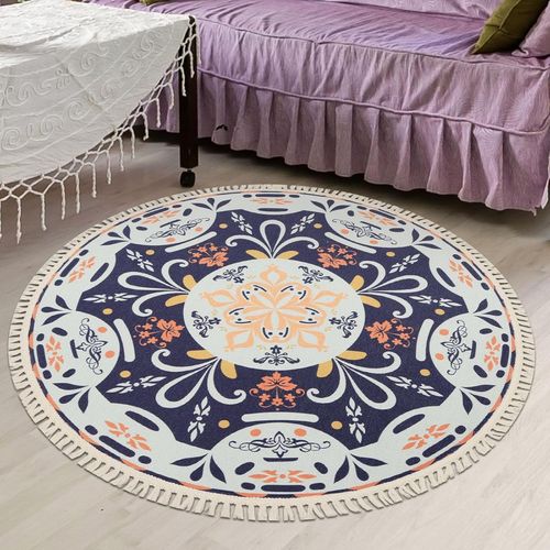 Kal-Tapis Rond Ultra Fin De 0,9 M, Tapis Rond, Lavable, Antidérapant, Pour Salon, Chambre À Coucher, Salle À Manger, Bureau 90, Bleu Sarcelle Et Orange
