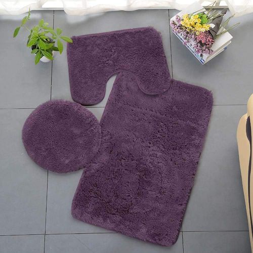 KAL-Tapis De Salle De Bains Couleur Pure 3Pcs Bath Mat Absorbant Doux Antidérapant Tapis & Couvercle Toilette Couvercle Set Lavable (Violet Foncé)