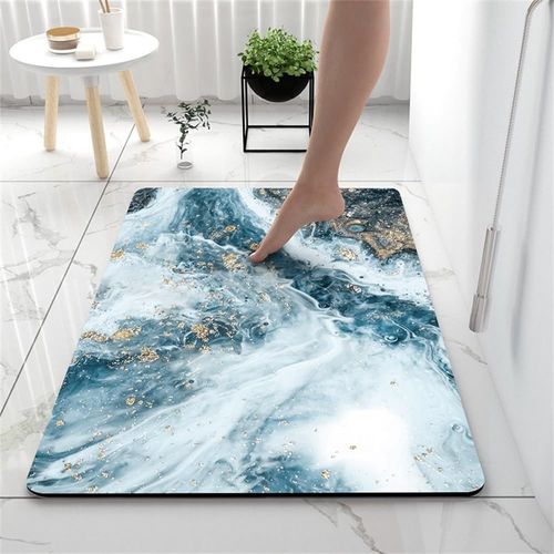 Kal-Tapis De Bain Antidérapant Moderne Motif Marbre Tapis Salle De Bain Diatomite Absorbant, Tapis Douche Séchage Rapide, Microfibre Tapis Vaisselle Tapis D'entré (50x80cm,Bleu Et Blanc)