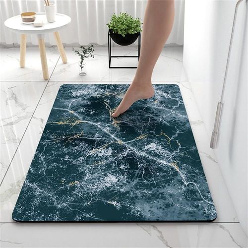 Kal-Tapis De Bain Antidérapant Moderne Motif Marbre Tapis Salle De Bain Diatomite Absorbant, Tapis Douche Séchage Rapide, Microfibre Tapis Vaisselle Tapis D'entré (50x80cm,Bleu Marine)