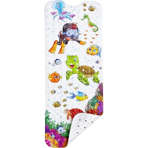 KAL-Tapis De Baignoire Pour Enfant, 100Cm X 40Cm Tapis De Baignoire Extra Long Tapis De Douche Antidérapant Avec Ventouses Et Drainage Trous Pour Bain Mouillé Sol - Lavable En Machine (Explorateur)