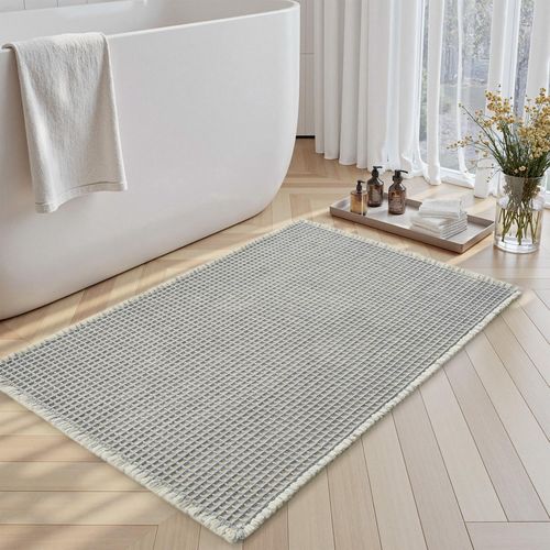 KAL-Tapis De Salle De Bain Moderne Gaufré Bicolore Tapis De Bain Antidérapant Super Absorbant Lavable En Machine Pour La Salle De Bain, Douche 40 * 60Cm Gris-Blanco