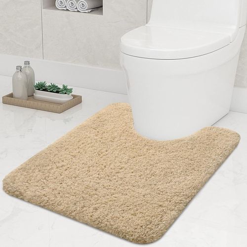 KAL-Tapis De Bain Antidérapant Doux, Avec Découpe, 51 X 61 Cm, Absorbant, Pour Wc, Lavable, Beige