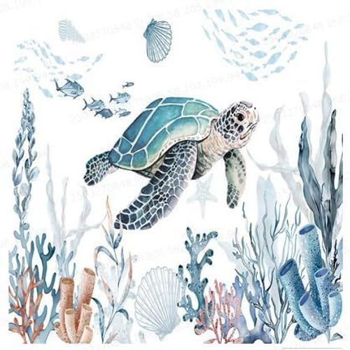 KAL-Tapis De Salle De Bain Motif Océan Avec Étoiles De Mer, Tortue Et Corail, Tapis De Bain Absorbant, Antidérapant Et Lavable, Convient Pour Les Salles De Bains, Douches Et Buanderies En Bleu 50
