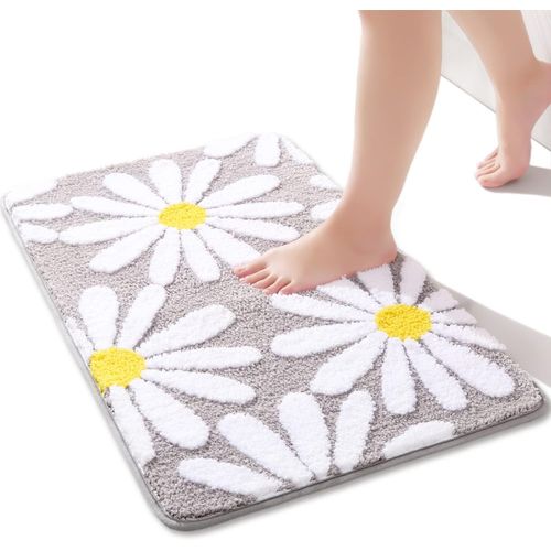 KAL-Tapis De Salle De Bain Gris Mignon Marguerites Antidérapant Lavable Fleurs Blanches Et Jaunes Doux Absorbant 40 X 60 Cm