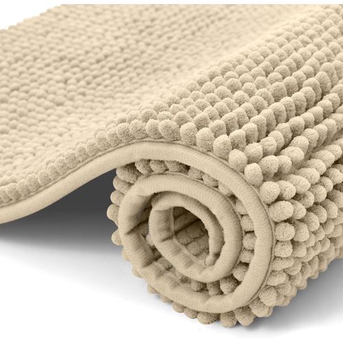 KAL-Tapis De Bain En Chenille - Antidérapant - Doux - Absorbant - Lavable - Pour Salle De Bain - 40 X 60 Cm - Beige