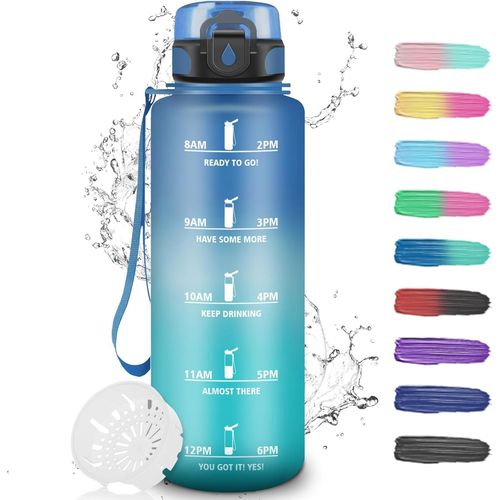 Kal-Gourde, Gourde 1,5l, Gourde Sport Anti Fuite, Gourde Graduée Pour 1 Journee, Facile À Nettoyer, Gourde Motivation Avec Marqueur De Temps, Gourde Plastique Pour Running, Extérieur, Sport, Bleu-Ver