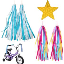 Kal-Lot De 2 Rubans Franges Pour Guidon De Vélo, Pompons Pour Guidon De Vélo, Pour Vélo D'enfant, Pour Décoration De Vélo D'enfant, Avec Autocollants Réfléchissants (Bleu + Couleur)