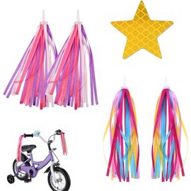 Kal-Lot De 2 Rubans Franges Pour Guidon De Vélo, Pompons Pour Guidon De Vélo, Pour Vélo D'enfant, Pour Décoration De Vélo D'enfant, Avec Autocollants Réfléchissants (Bleu + Couleur)