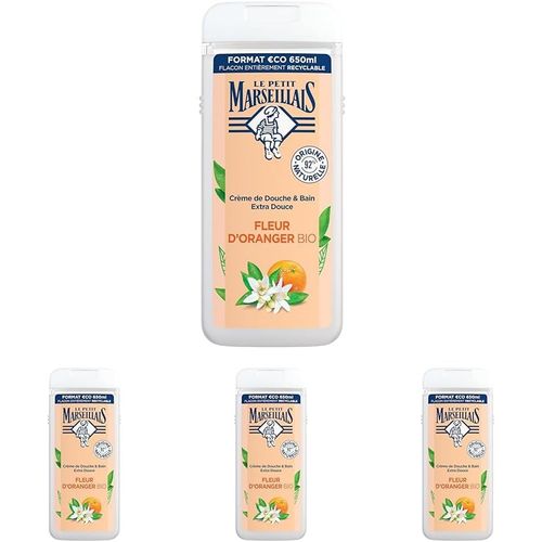 Kal-- Crème De Douche Extra Douce Fleur D'oranger Bio (Flacon De 650 Ml) \U2013 Gel Douche Avec 92% D'ingrédients D'origine Naturelle \U2013 Flacon Entièrement Recyclable (Lot De 4) 