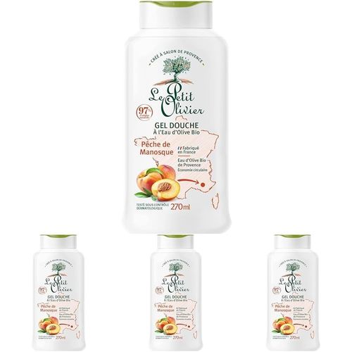 Kal-- Gel Douche - Eau D'olive Bio & Pêche De Manosque - Ph Neutre Pour La Peau - 97% D'origine Naturelle - Sans Savon, Sans Colorant - Fabriqué En France - 270 Ml (Lot De 4) 