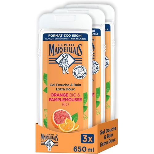 Kal-| Gel Douche & Bain Extra Doux Orange Bio & Pamplemousse Bio (Lot De 3 Flacons De 650 Ml) \U2013 92% D'ingrédients D'origine Naturelle \U2013 Ph Neutre Pour La Peau Et Sans Colorant 