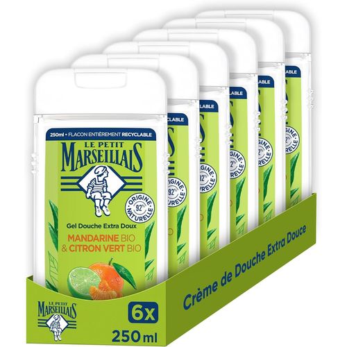 Kal-| Gel Douche Extra Doux Mandarine Bio & Citron Vert Bio (Lot De 6 Flacons De 250ml) ¿ 92 % D'ingrédients D'origine Naturelle ¿ Flacon Entièrement Recyclable 