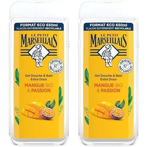 Kal-| Gel Douche Extra Doux Mangue Bio & Passion (Flacon De 650 Ml) \U2013 92% D'ingrédients D'origine Naturelle \U2013 Ph Neutre Pour La Peau Et Sans Colorant (Lot De 2) 
