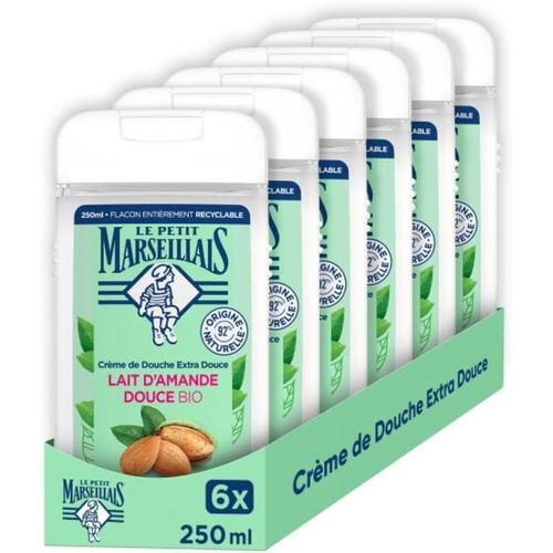 Kal-Crème De Douche Extra Douce Lait D'amande Douce Bio (Lot De 6 Flacons De 250 Ml) ¿ Gel Douche Avec 92 % D'ingrédients D'origine Naturelle ¿ Ph Neutre Pour La Peau Et Sans Colorant 