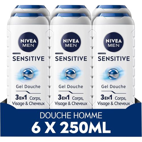 Kal-Men Gel Douche Sensitive (Lot 6 X 250 Ml) ¿ Soin Lavant Enrichi À L'extrait De Bambou ¿ Gel Douche Homme 3 En 1 ¿ Soin Nettoyant Doux Corps Visage & Cheveux Pour Les Peaux Sensibles 