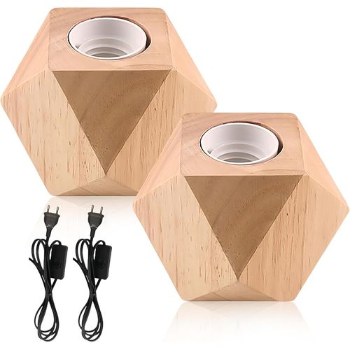 Kal-Lot De 2 Lampes De Table En Bois, Lampe De Chevet E27, Pied En Bois, Petite Lampe De Chevet Avec Pied En Bois Diamant, Prise Ue, Pied En Bois E27, Parfaite Pour Chambre/Salon/Bureau (Sans Ampou