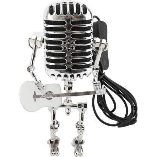 Kal-Lampe De Bureau Robot Microphone Vintage, Lampe Robot Microphone En Aluminium Avec Mini Guitare Rétro Robot En Métal Veilleuse Vintage Lumière Décor À La Maison (Blanc)