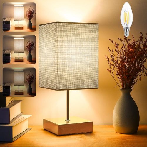 Kal-Lampe De Chevet Tactile, Intensité Gradation 3 Voies, Abat-Jour En Tissu De Lin, Petite Lampes De Table Pour Chambrer Salon Hôtel (Carré - 1)