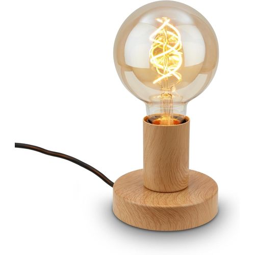 Kal-- Mini Lampe De Table Avec Interrupteur À Fil, Rétro, Vintage, E27, Max. 10w, Lampe De Chevet, Décorative Couloir, Lampe De Bureau Et Lecture, 10x9 Cm (Lxh), Aspect Bois