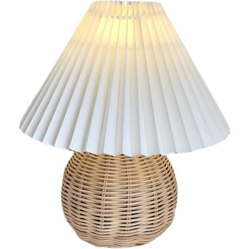 Kal-Lampe De Table En Rotin Lampe De Chevet Vintage Petite Lampe De Côté Avec Abat-Jour Plissé Pour Salon Chambre Bureau