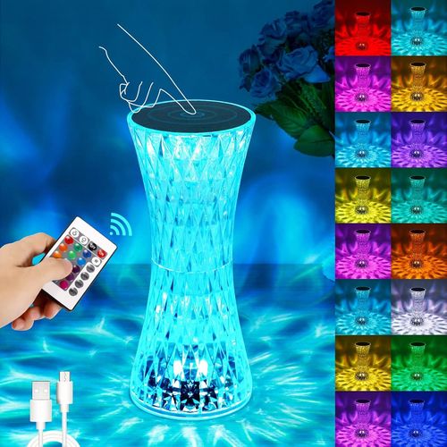Kal-Lampe De Bureau Led, Lampe De Chevet En Acrylique Télécommande Tactile Lampe De Table En Cristal Lampe De Table Diamant Led16 Couleurs Et 4 Modes Avec Télécommande Rvb Changeant De Couleur Veille