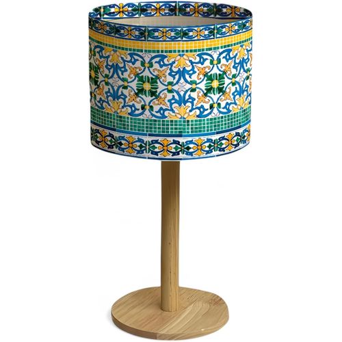 Kal-Lampe De Chevet Chambre Lampe De Table Salon Veilleuse D'ambiance Abats-Jour Design Multicolore Lumiere E14 Led Lampe Chevet Originale Pieds Modernes En Bois Lampes De Salon (Patio Print, 1 Pièce