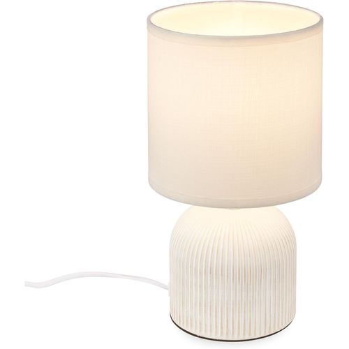 Kal-- Lampe De Table Avec Abat-Jour En Tissu, Interrupteur À Fil, Pied En Céramique, Lampe De Chevet, Lampe De Table, Lampe De Bureau Et Lecture, 15x28 Cm, Blanc