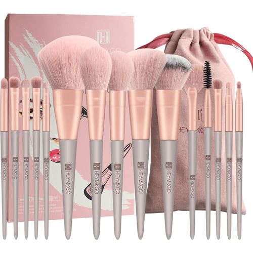 Kal-Pinceaux De Maquillage 15pcs Pinceaux Maquillages À Manche Conique Vert En Synthétiques De Qualité Supérieure,Pinceaux Maquillages Professionnel Avec Cordon De Serrage Sac En Flanelle (Rose) 