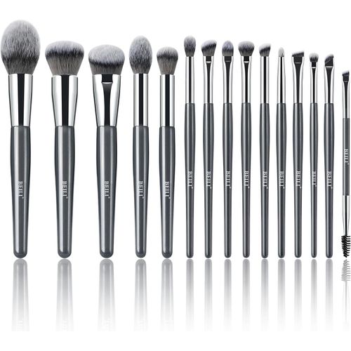 Kal-Pinceaux Maquillages 15 Pcs Set Pinceaux Maquillage Brosse Maquillage Pinceau Végétaliens Fond De Teint Poudre Contour Fard Paupières Surbrillance Blush Correcteu Sourcil Liner-Gris Bleu 
