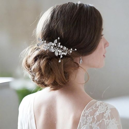 Kal-1 Pièces Cheveux De Mariée Avec Strass Accessoires Pour Mariage Feuilles Vignes De Cheveu Vigne Mariée Bandeau De Mariage Bijoux De Cheveux Coiffure Perlée Pour Femmes Et Filles (Argent)
