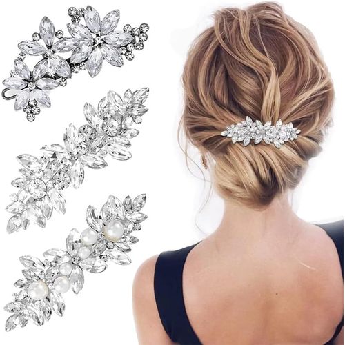 Kal-3 Pièces Clips De Cheveux De Mariée Strass, Coiffe De Mariage Pince À Cheveux Argentée Cristal Perle Pinces À Cheveux Cristal Fleur Barrettes À Cheveux Pour Mariée Et Demoiselle D'honneur
