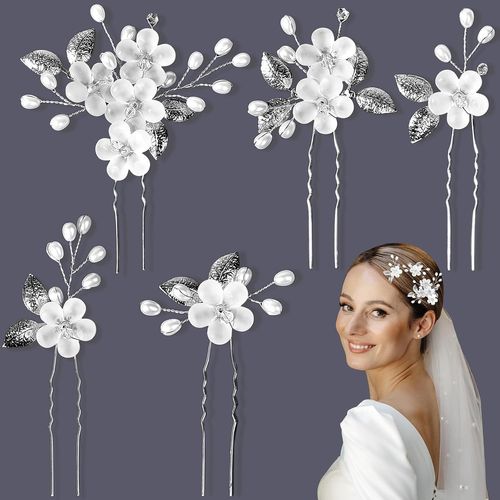 Kal-Accessoire Cheveux Mariage Argenté Blanc Femme Fille, Barrette Bijoux Cheveux Mariage Perle Fleur Pince Cheveux Mariage, Bijou Epingle Accessoires Deco Cheveux Mariage Perles