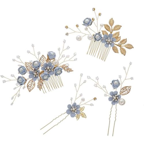 Kal-Lot De 4 Barrettes À Cheveux En Forme De U Pour Mariée - Perles De Fleurs - Bijoux De Demoiselle D'honneur - Pinces À Cheveux Pour Femmes Et Filles - Bleu