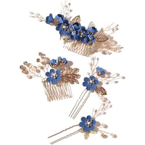 Kal-Lot De 4 Barrettes À Cheveux En Forme De U Avec Perle De Fleur Pour Mariée Et Demoiselle D'honneur - Bleu Marine