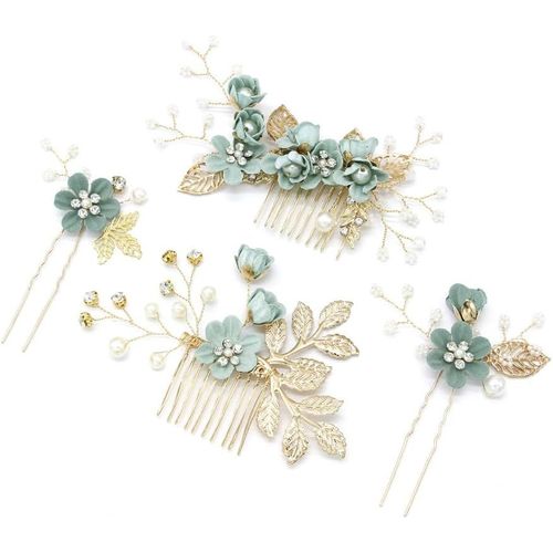 Kal-Lot De 4 Barrettes À Cheveux En Forme De U Avec Perles De Fleurs - Pour Femme Et Fille - Vert
