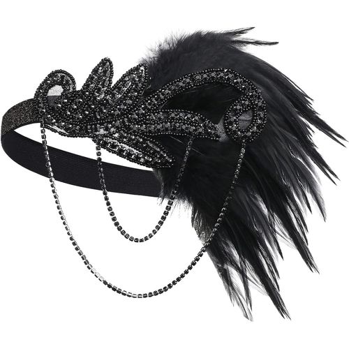 Kal-Bandeau Gatsby Cristal 1920s Plume Flapper Accessoires Charleston Vintage Noir