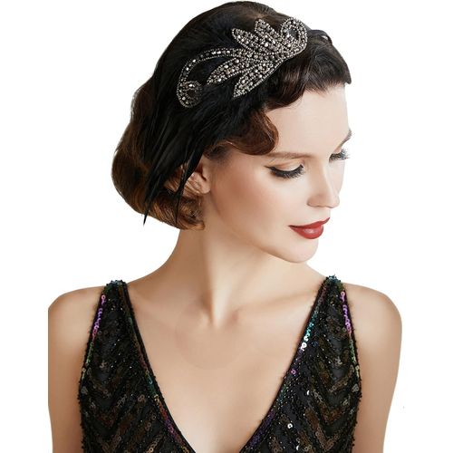 Kal-Bandeau Gatsby Cristal 1920s Plume Flapper Accessoires Charleston Vintage Noir