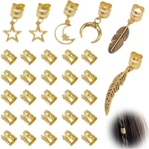 Kal-26 Pièces Bijoux De Cheveux Dorés Pour Tresses, Accessoires Cheveux Bohème Plume Lune Étoile, Anneaux Métalliques Pour Dreadlocks Braids Chignon Femmes Filles Coiffure Fantaisie